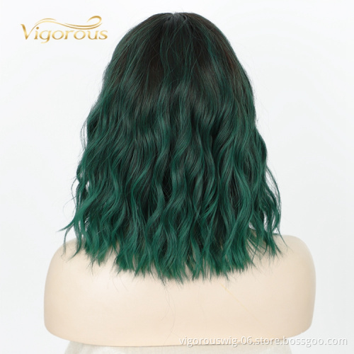 Vigorous Supplies Hot Cheap Afro Short Kinky Curly Heat Resistant Ombre Black Green Fiber Synthetic Short Wig